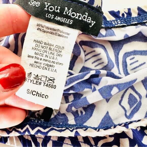 3 SEE YOU MONDAY Blue White Print Bandeau Strapless Tube Bralette Bra Crop Top S - Picture 2 of 9